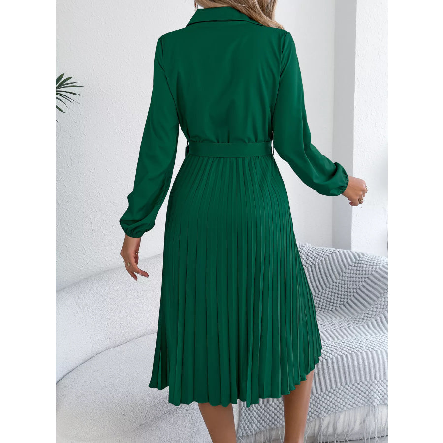 Pleated Tie Waist Balloon Sleeve Dress Apparel and Accessories
