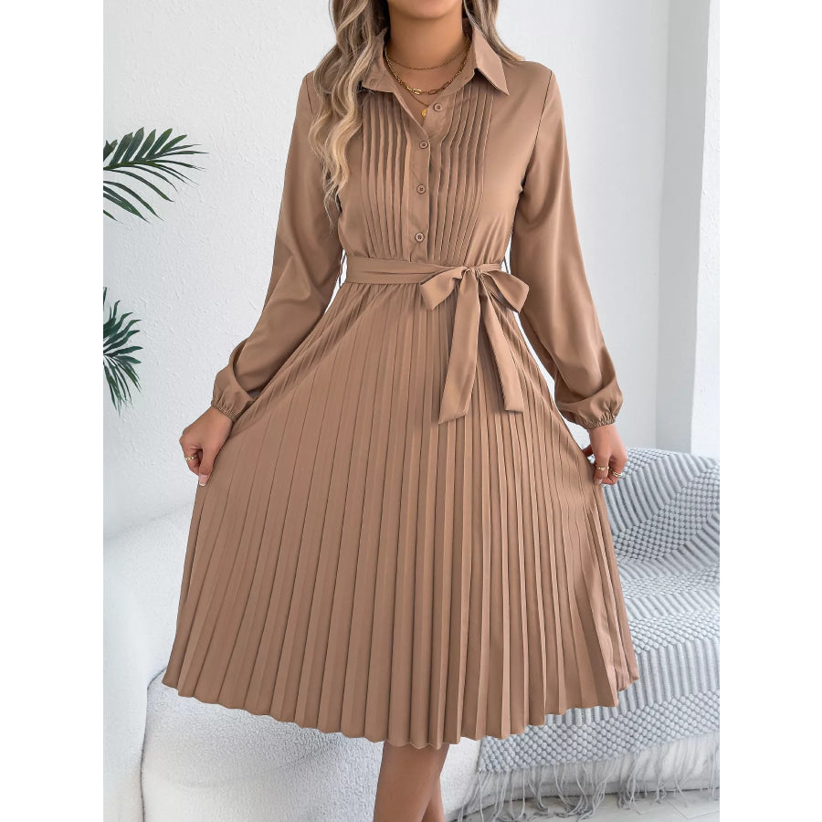 Pleated Tie Waist Balloon Sleeve Dress Apparel and Accessories