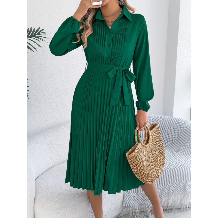Pleated Tie Waist Balloon Sleeve Dress Green / S Apparel and Accessories