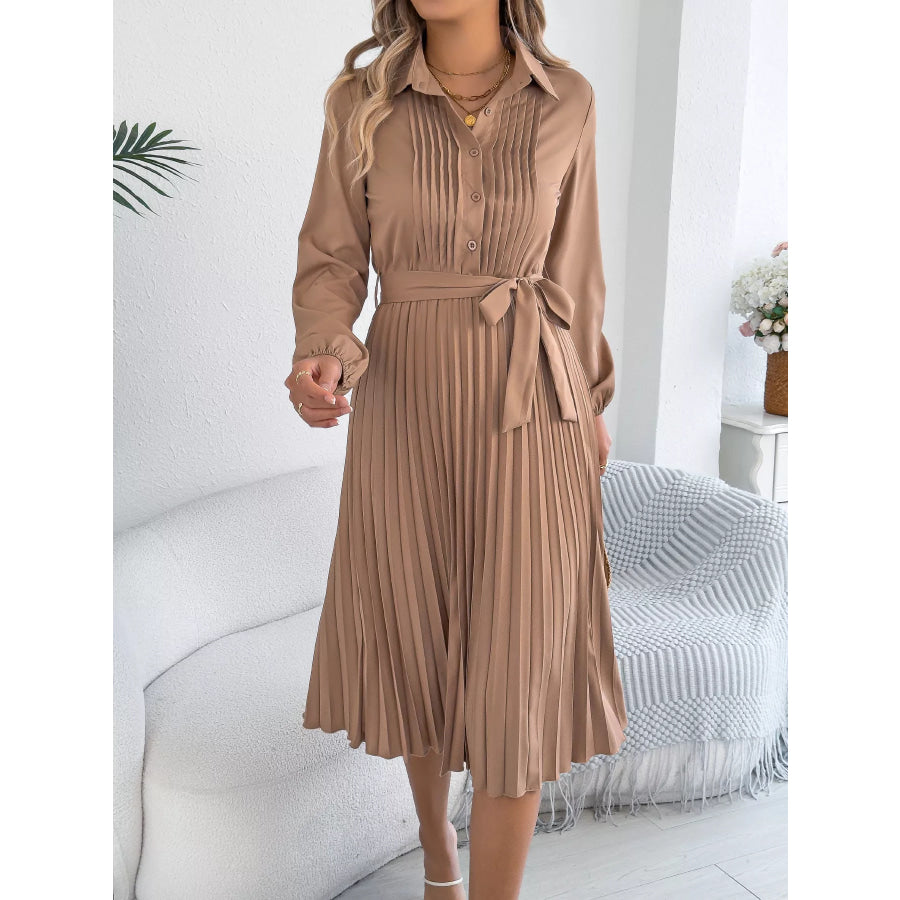 Pleated Tie Waist Balloon Sleeve Dress Khaki / S Apparel and Accessories