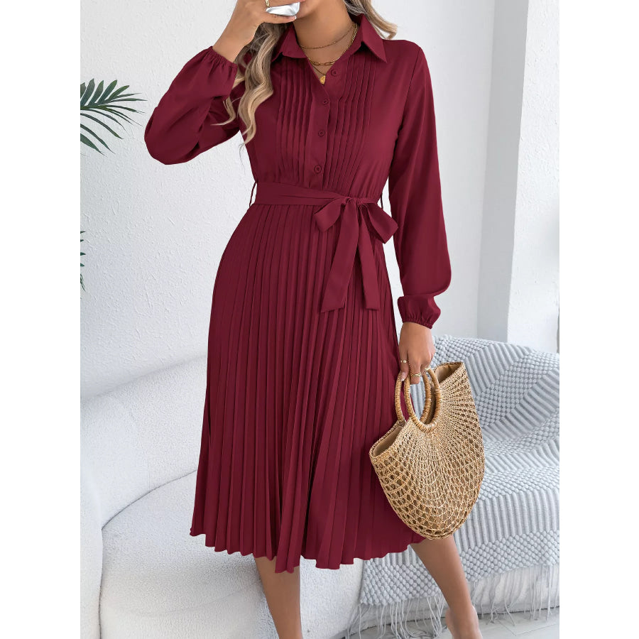 Pleated Tie Waist Balloon Sleeve Dress Wine Red / S Apparel and Accessories