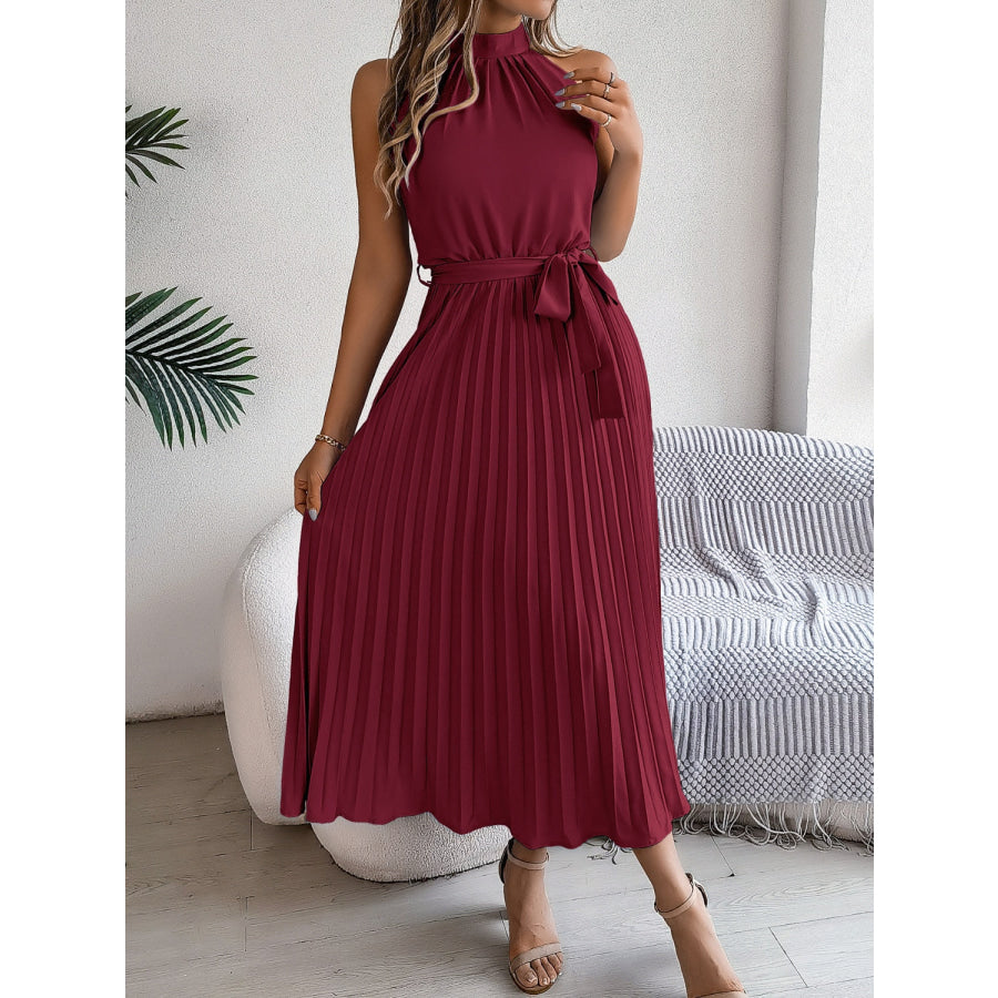 Pleated Tie Waist Sleeveless Midi Dress Apparel and Accessories