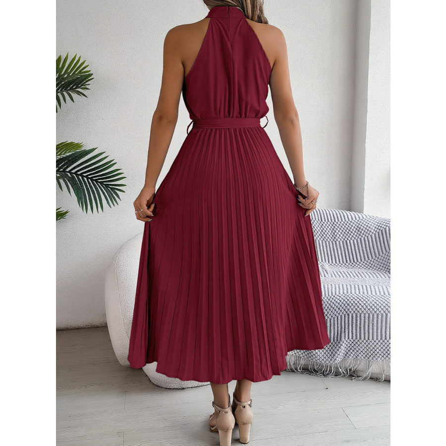 Pleated Tie Waist Sleeveless Midi Dress Apparel and Accessories