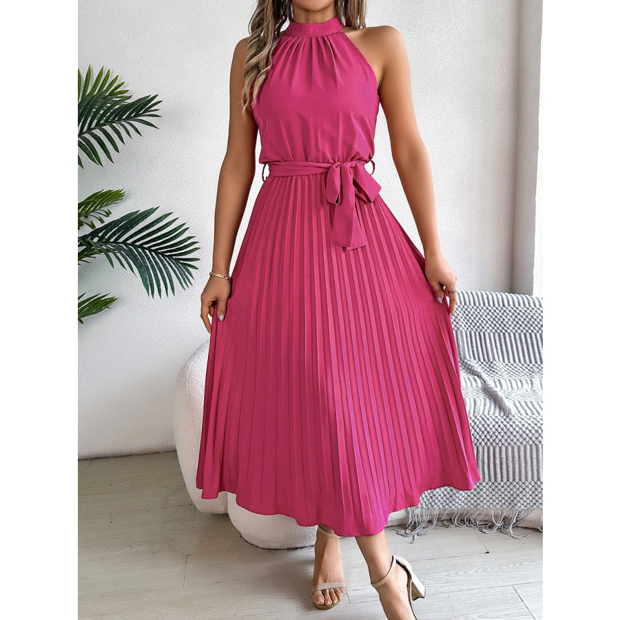 Pleated Tie Waist Sleeveless Midi Dress Apparel and Accessories