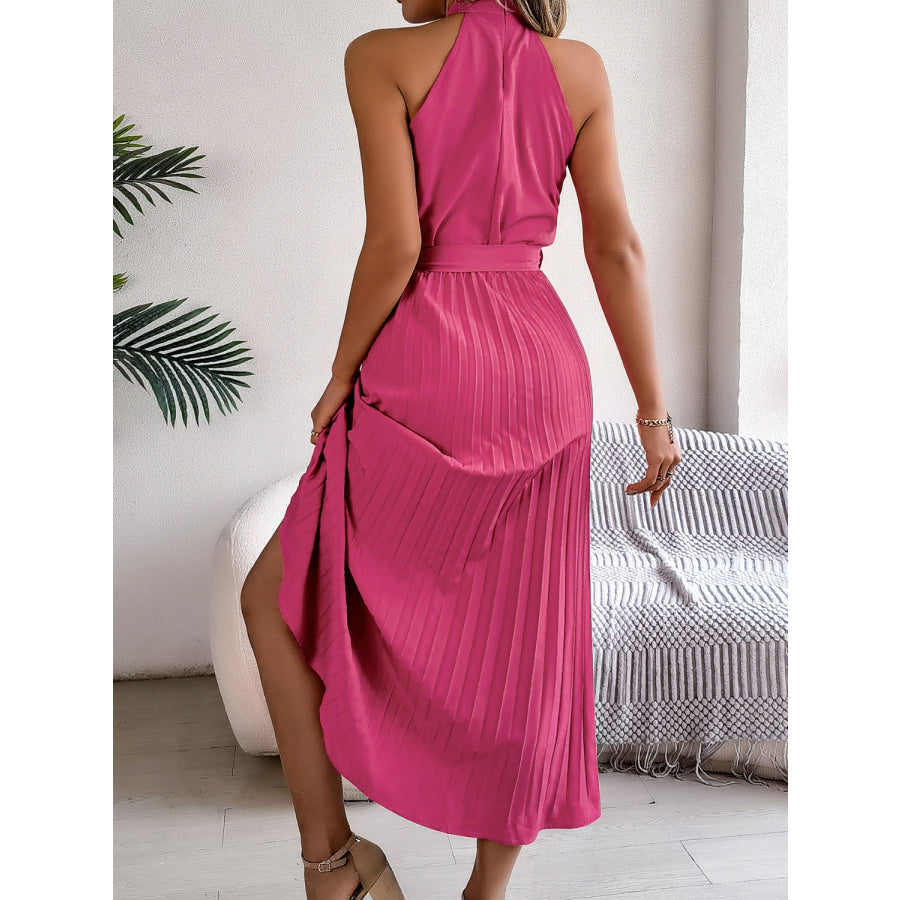 Pleated Tie Waist Sleeveless Midi Dress Apparel and Accessories