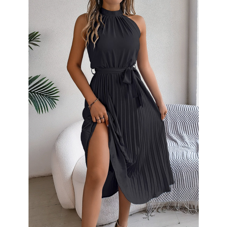 Pleated Tie Waist Sleeveless Midi Dress Apparel and Accessories