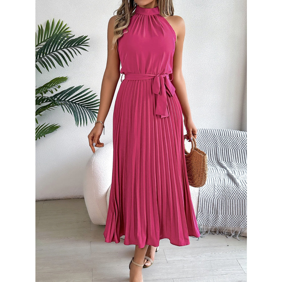 Pleated Tie Waist Sleeveless Midi Dress Apparel and Accessories