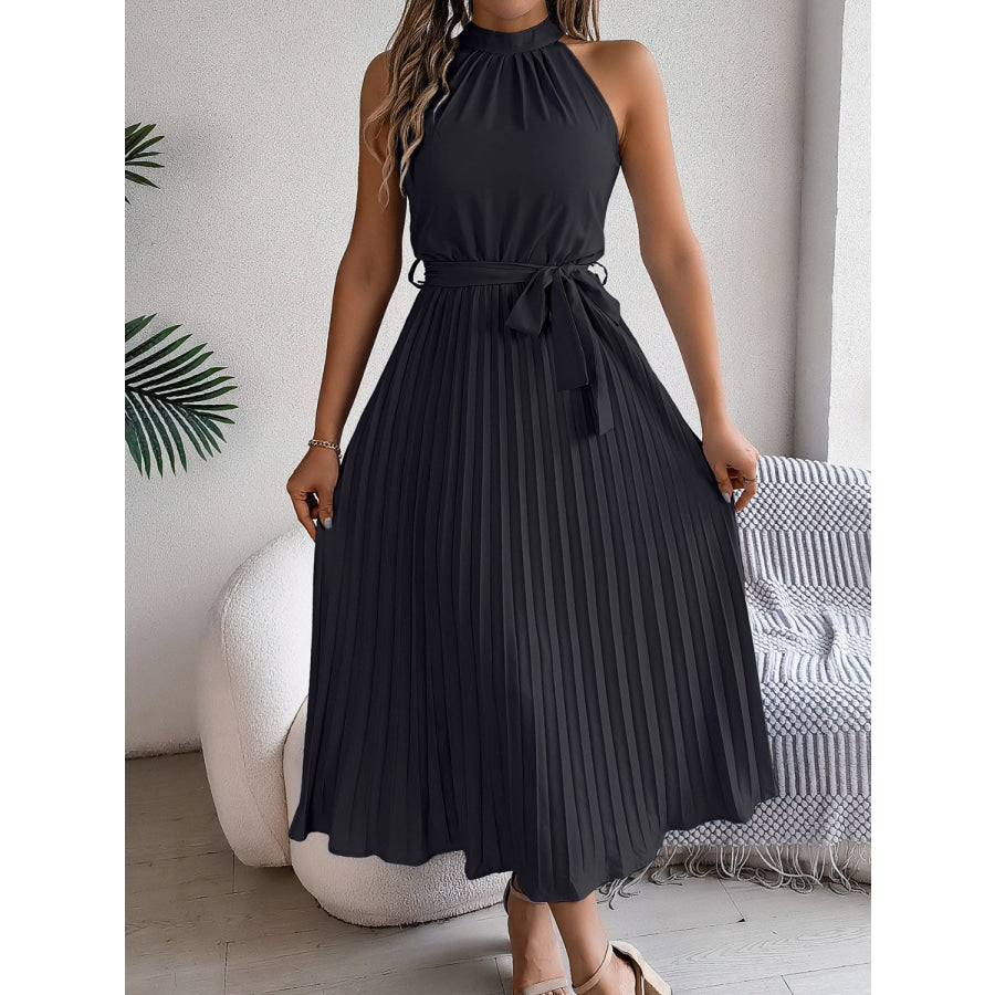 Pleated Tie Waist Sleeveless Midi Dress Apparel and Accessories