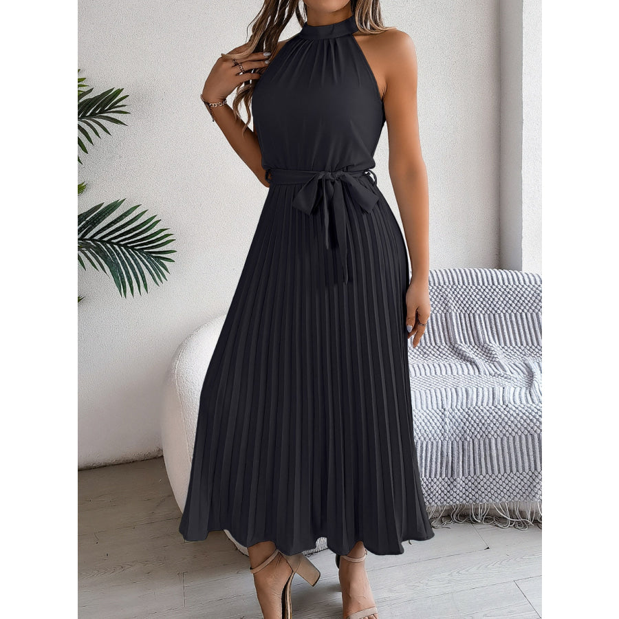 Pleated Tie Waist Sleeveless Midi Dress Apparel and Accessories