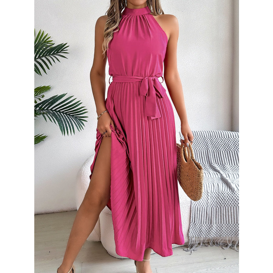 Pleated Tie Waist Sleeveless Midi Dress Apparel and Accessories