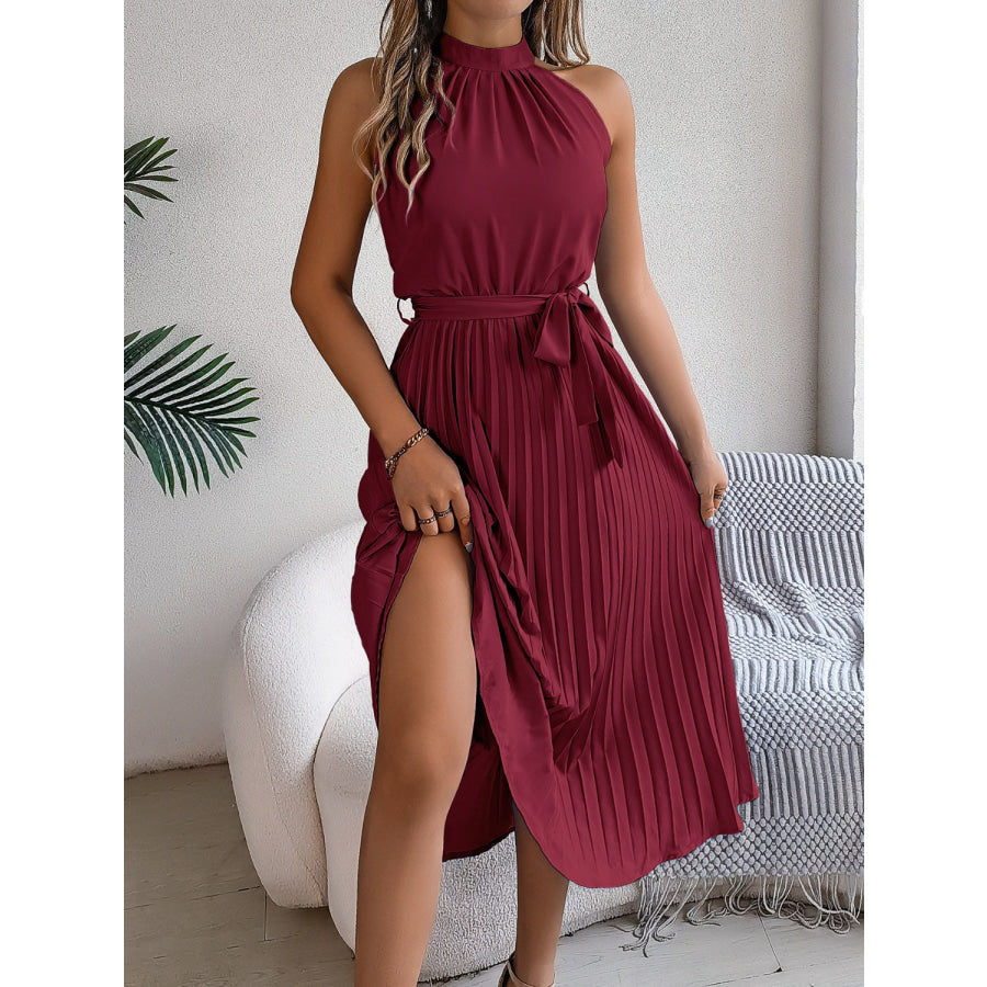 Pleated Tie Waist Sleeveless Midi Dress Apparel and Accessories