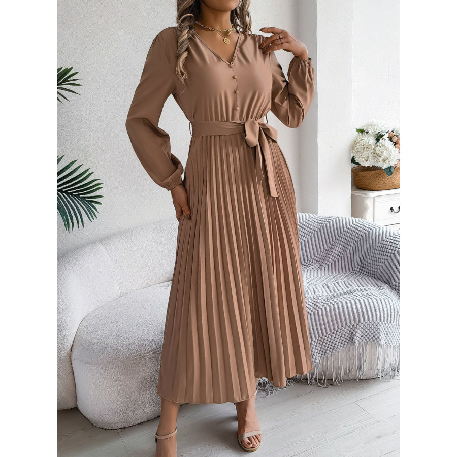 Pleated Tied V-Neck Long Sleeve Dress Apparel and Accessories