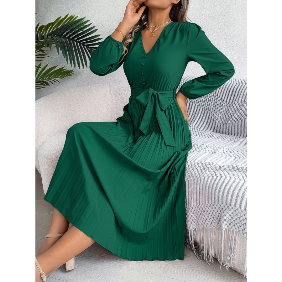 Pleated Tied V-Neck Long Sleeve Dress Apparel and Accessories