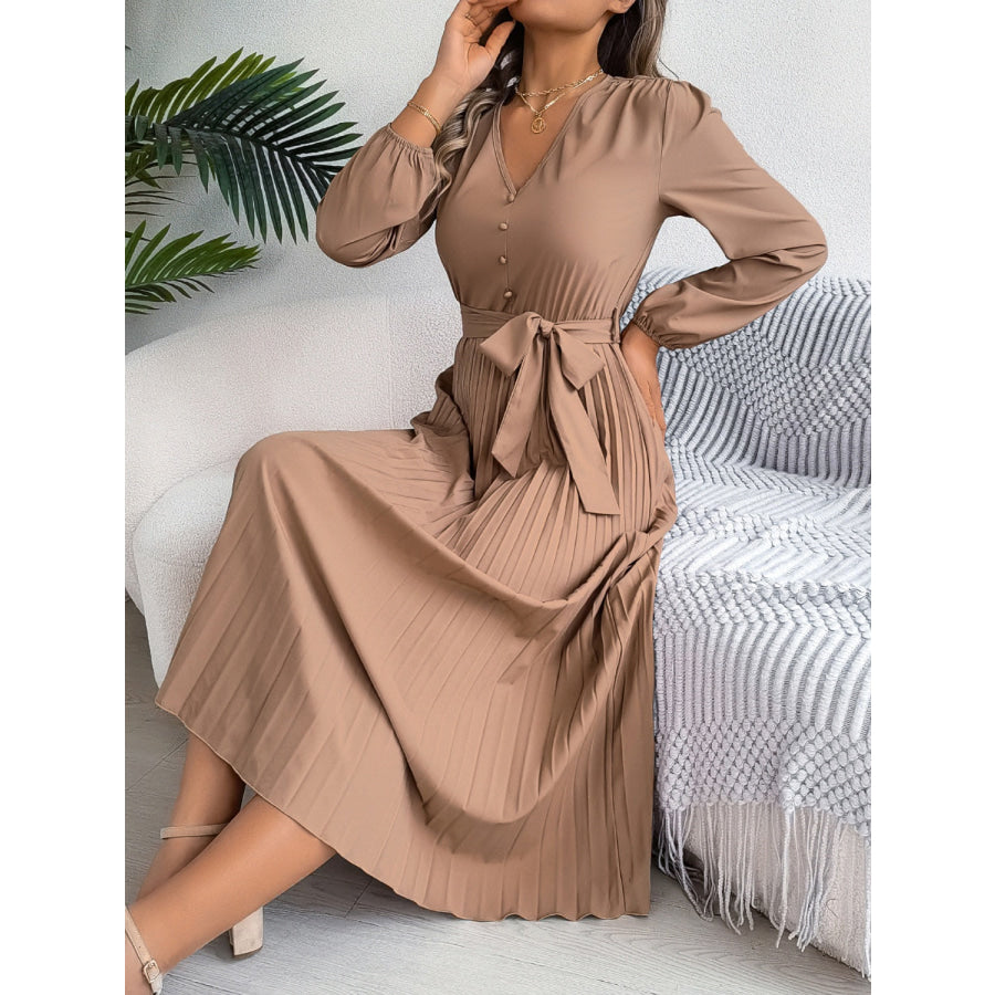 Pleated Tied V-Neck Long Sleeve Dress Apparel and Accessories