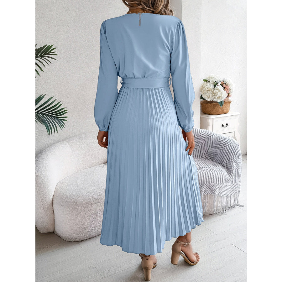 Pleated Tied V-Neck Long Sleeve Dress Apparel and Accessories