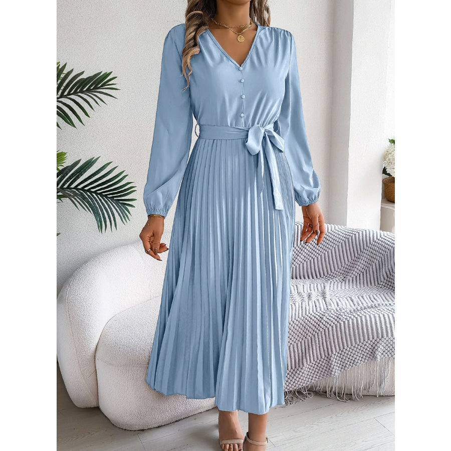 Pleated Tied V-Neck Long Sleeve Dress Apparel and Accessories