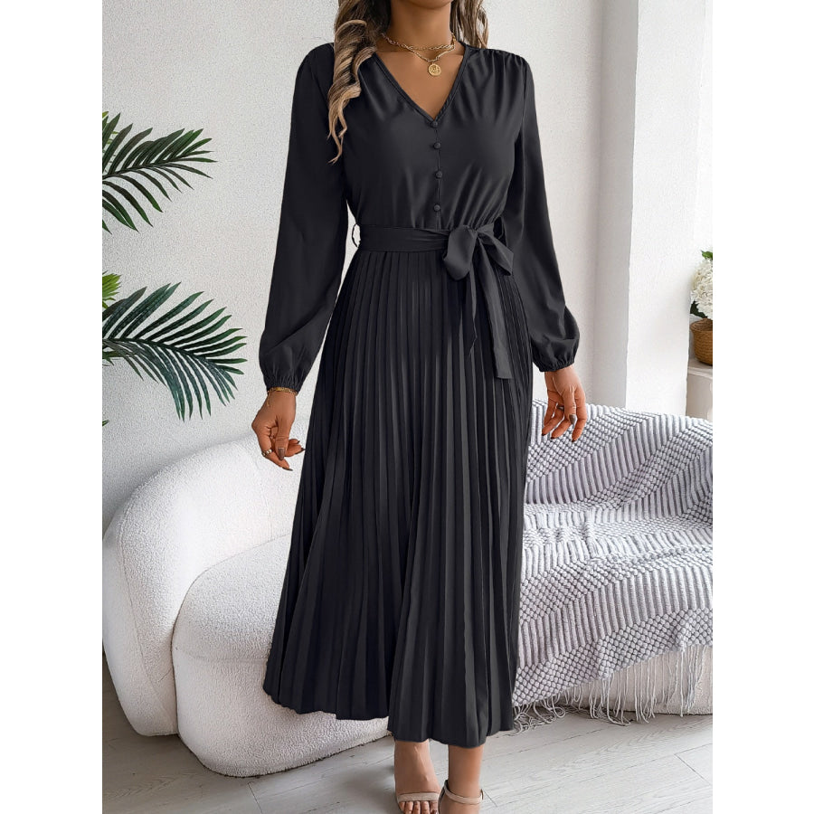 Pleated Tied V-Neck Long Sleeve Dress Apparel and Accessories