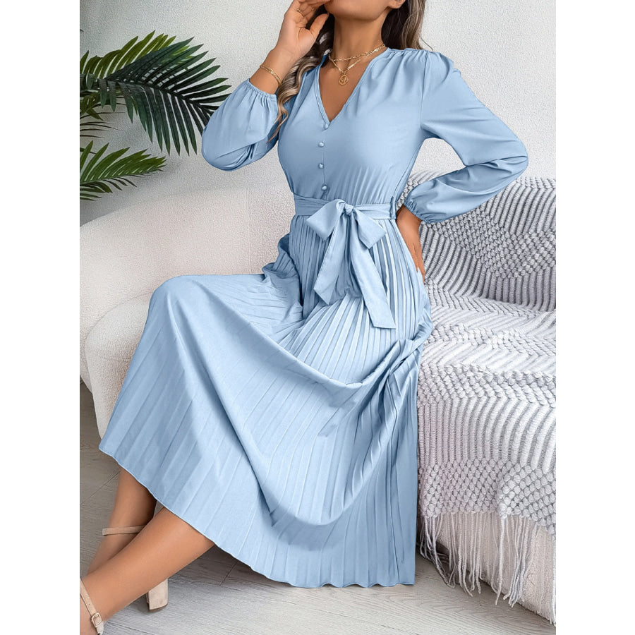 Pleated Tied V-Neck Long Sleeve Dress Apparel and Accessories