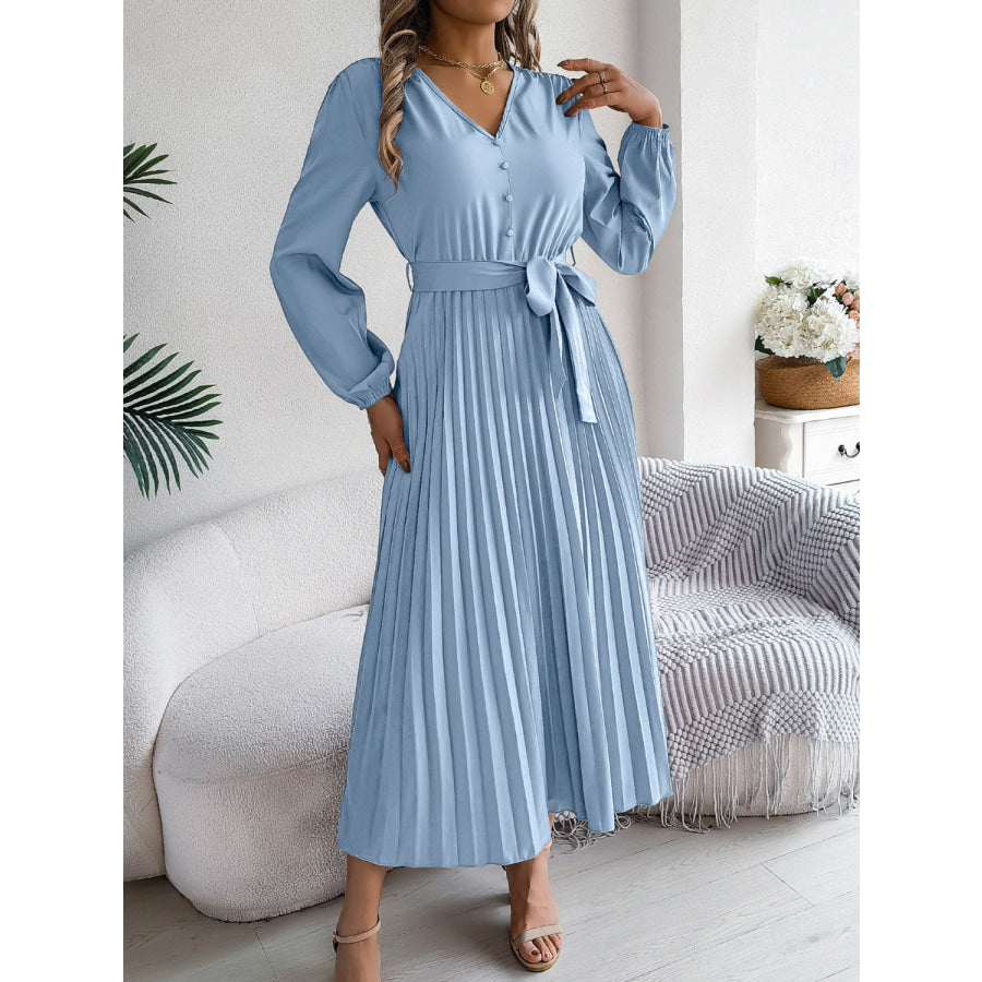 Pleated Tied V-Neck Long Sleeve Dress Apparel and Accessories