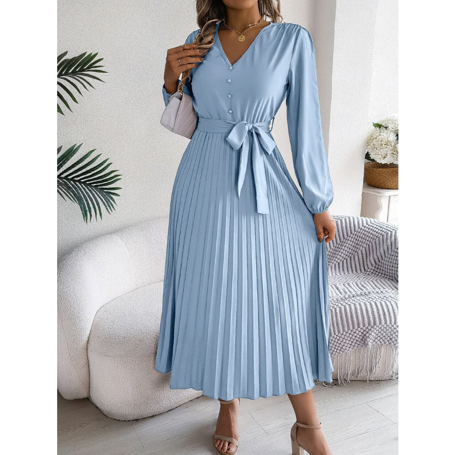 Pleated Tied V-Neck Long Sleeve Dress Apparel and Accessories