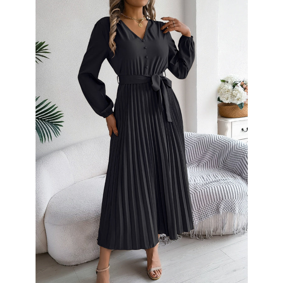 Pleated Tied V-Neck Long Sleeve Dress Apparel and Accessories