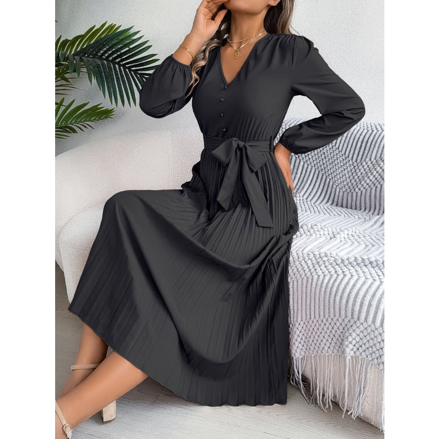 Pleated Tied V-Neck Long Sleeve Dress Apparel and Accessories