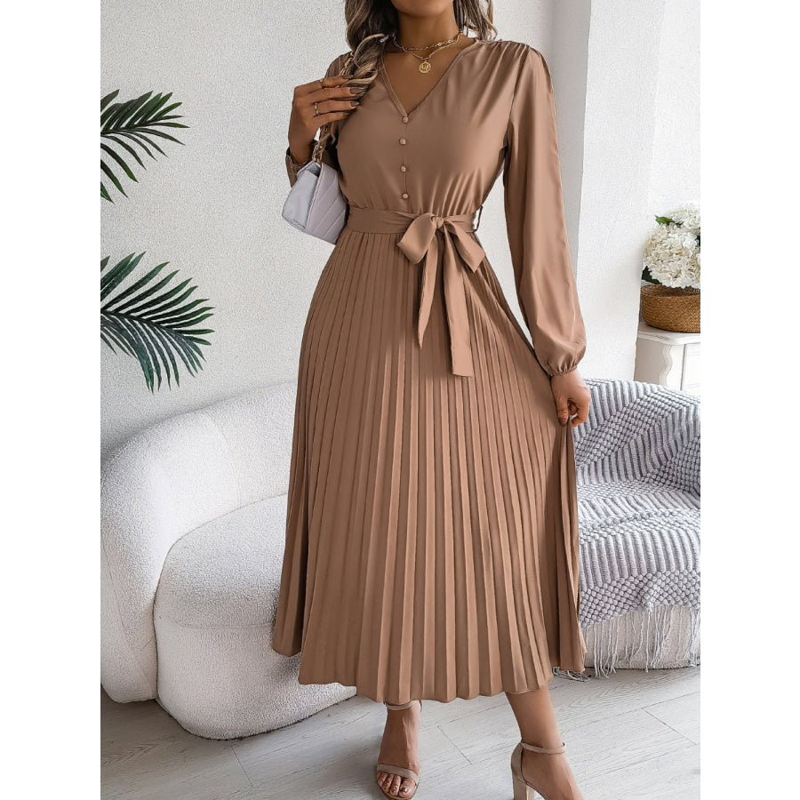 Pleated Tied V-Neck Long Sleeve Dress Apparel and Accessories