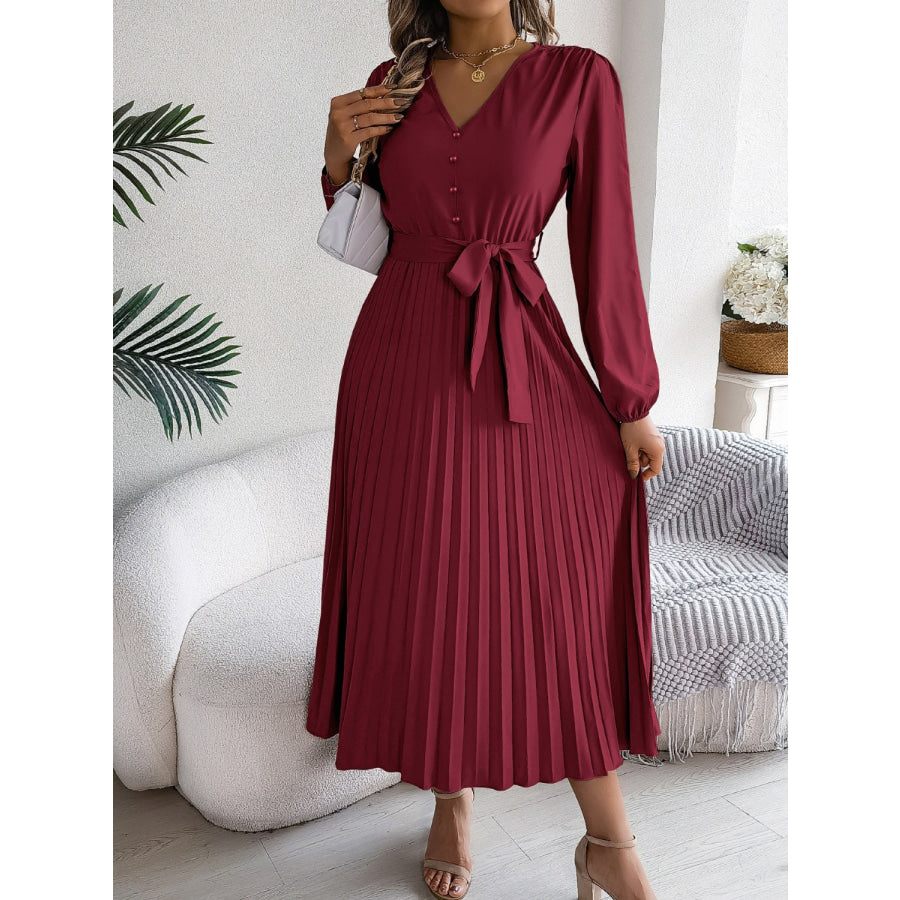 Pleated Tied V-Neck Long Sleeve Dress Apparel and Accessories