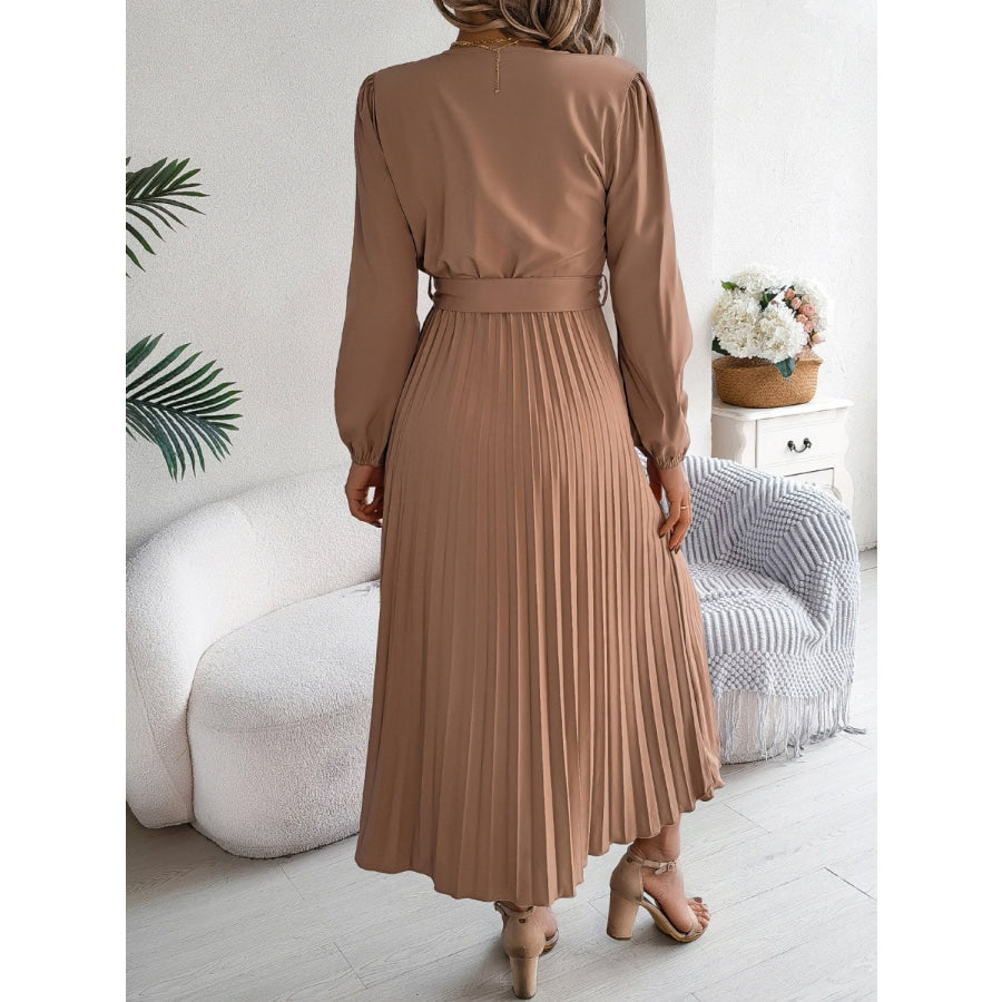 Pleated Tied V-Neck Long Sleeve Dress Apparel and Accessories