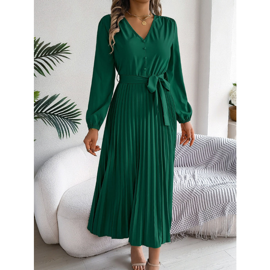 Pleated Tied V-Neck Long Sleeve Dress Apparel and Accessories