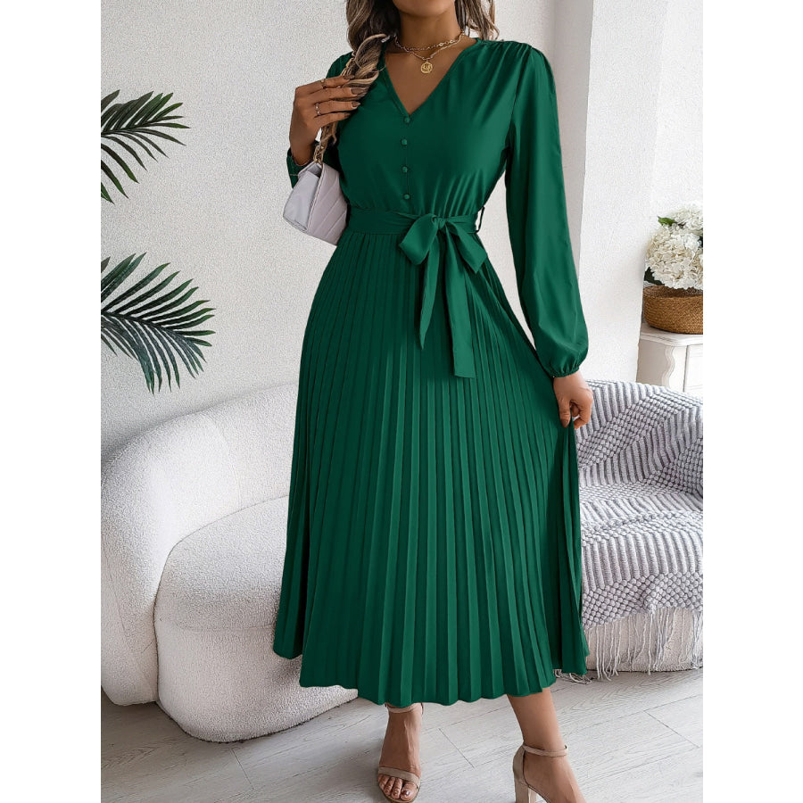 Pleated Tied V-Neck Long Sleeve Dress Apparel and Accessories