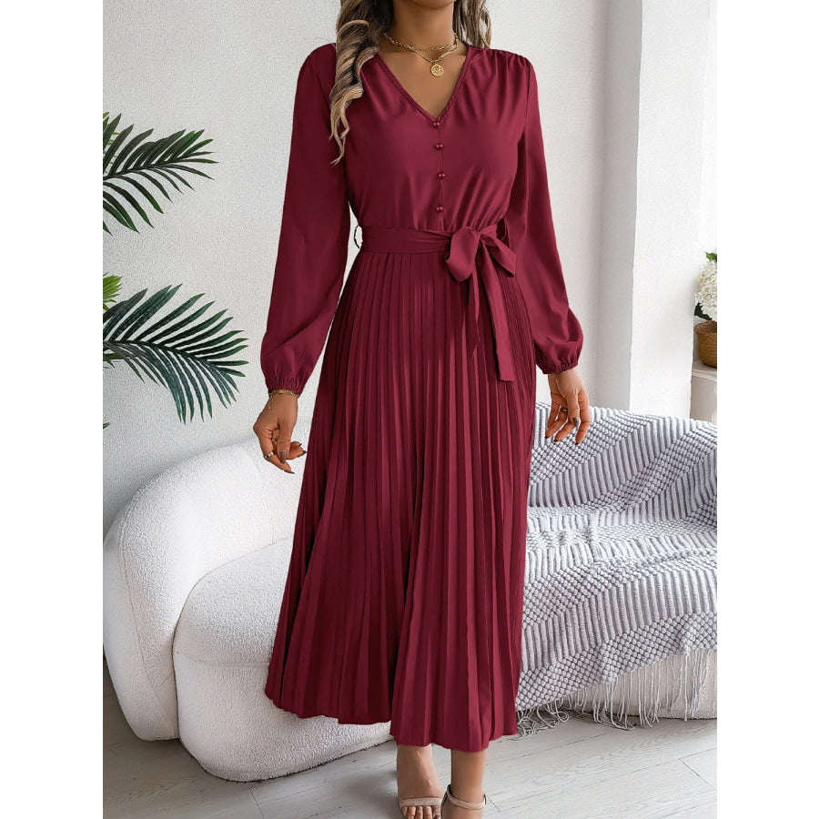 Pleated Tied V-Neck Long Sleeve Dress Apparel and Accessories