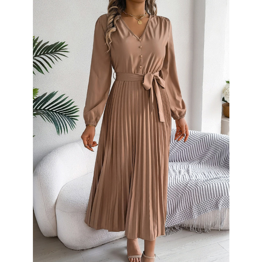 Pleated Tied V-Neck Long Sleeve Dress Apparel and Accessories