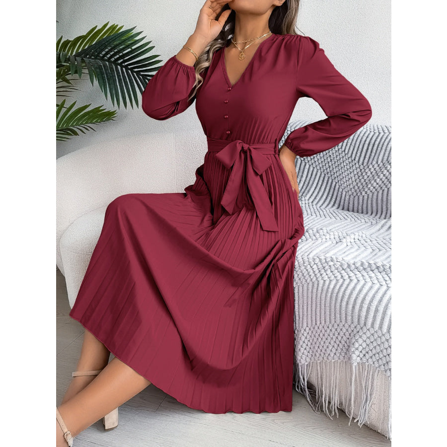 Pleated Tied V-Neck Long Sleeve Dress Apparel and Accessories