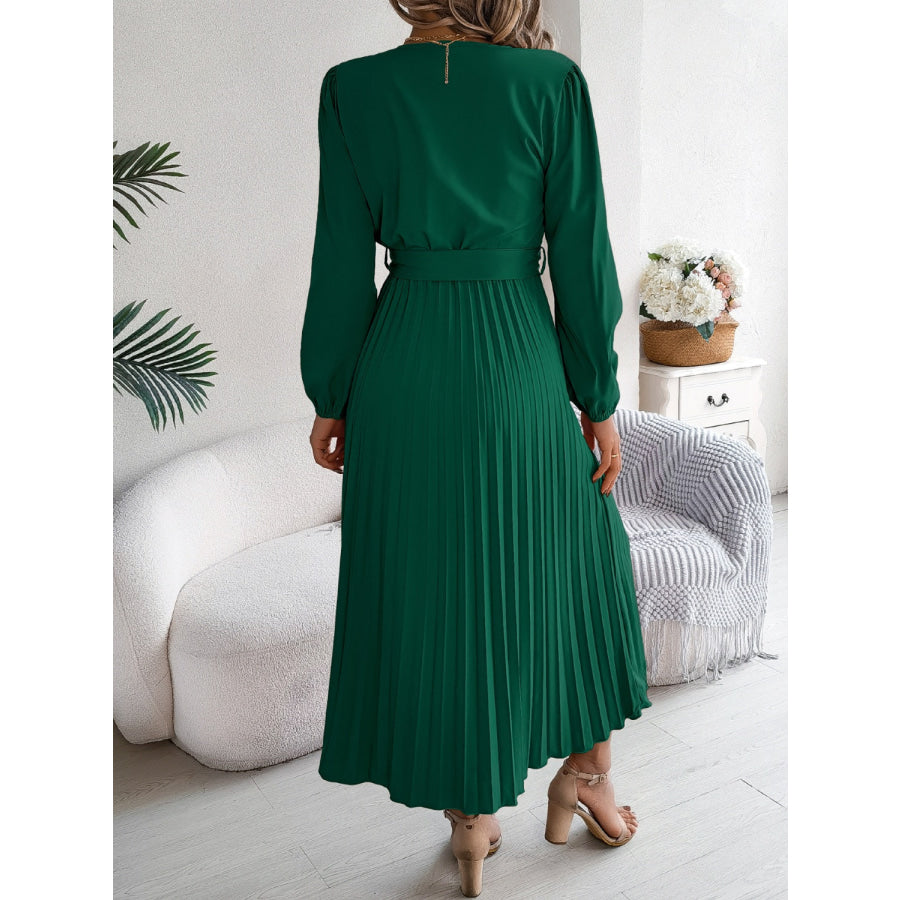 Pleated Tied V-Neck Long Sleeve Dress Apparel and Accessories