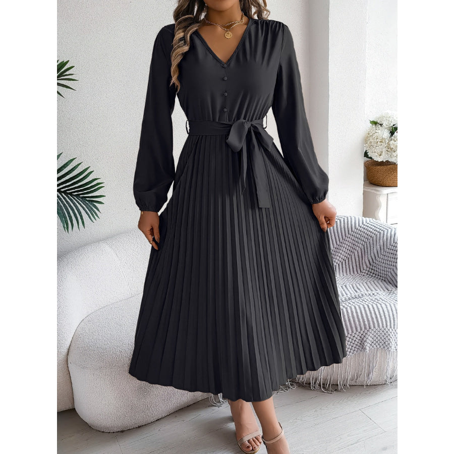 Pleated Tied V-Neck Long Sleeve Dress Black / S Apparel and Accessories