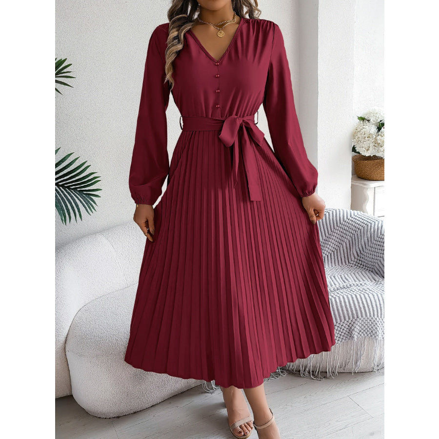 Pleated Tied V-Neck Long Sleeve Dress Burgundy / S Apparel and Accessories