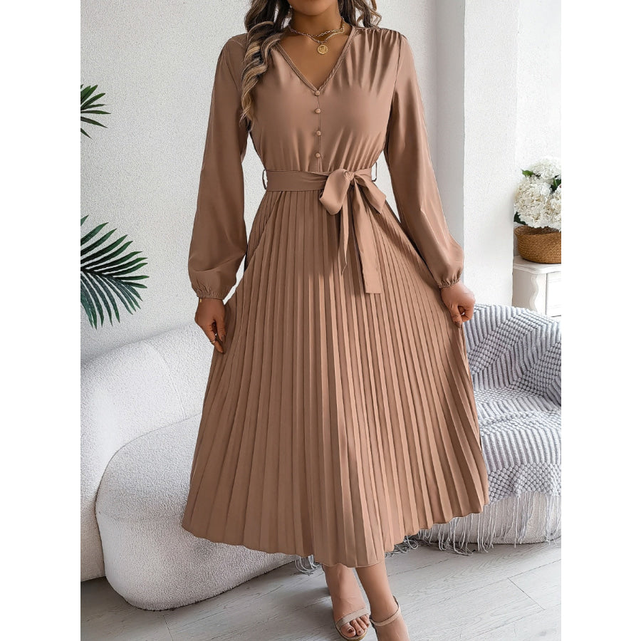 Pleated Tied V-Neck Long Sleeve Dress Camel / S Apparel and Accessories