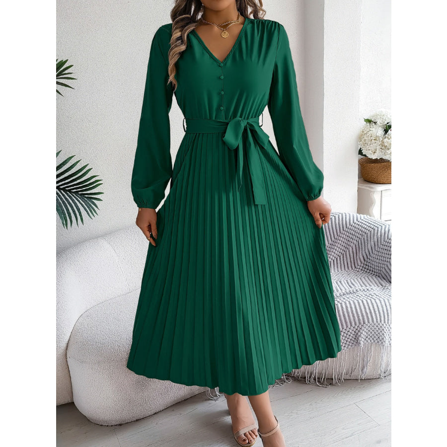 Pleated Tied V-Neck Long Sleeve Dress Dark Green / S Apparel and Accessories