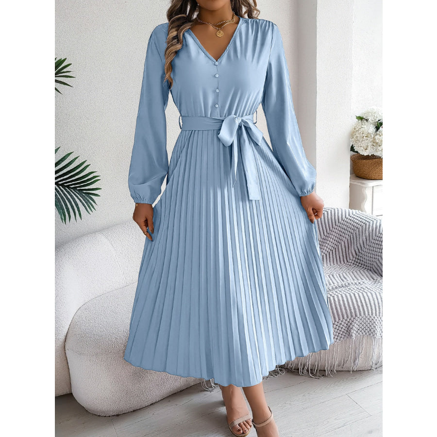 Pleated Tied V-Neck Long Sleeve Dress Light Blue / S Apparel and Accessories