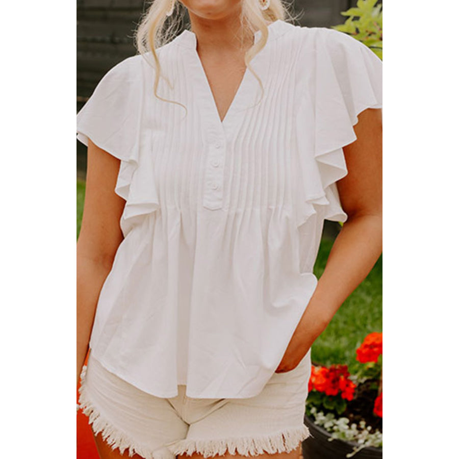 Pleated V - Neck Cap Sleeve Blouse Apparel and Accessories