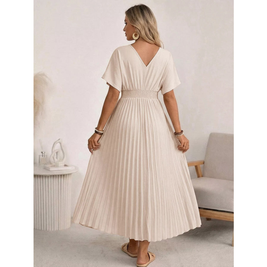 Pleated V-Neck Midi Dress Apparel and Accessories