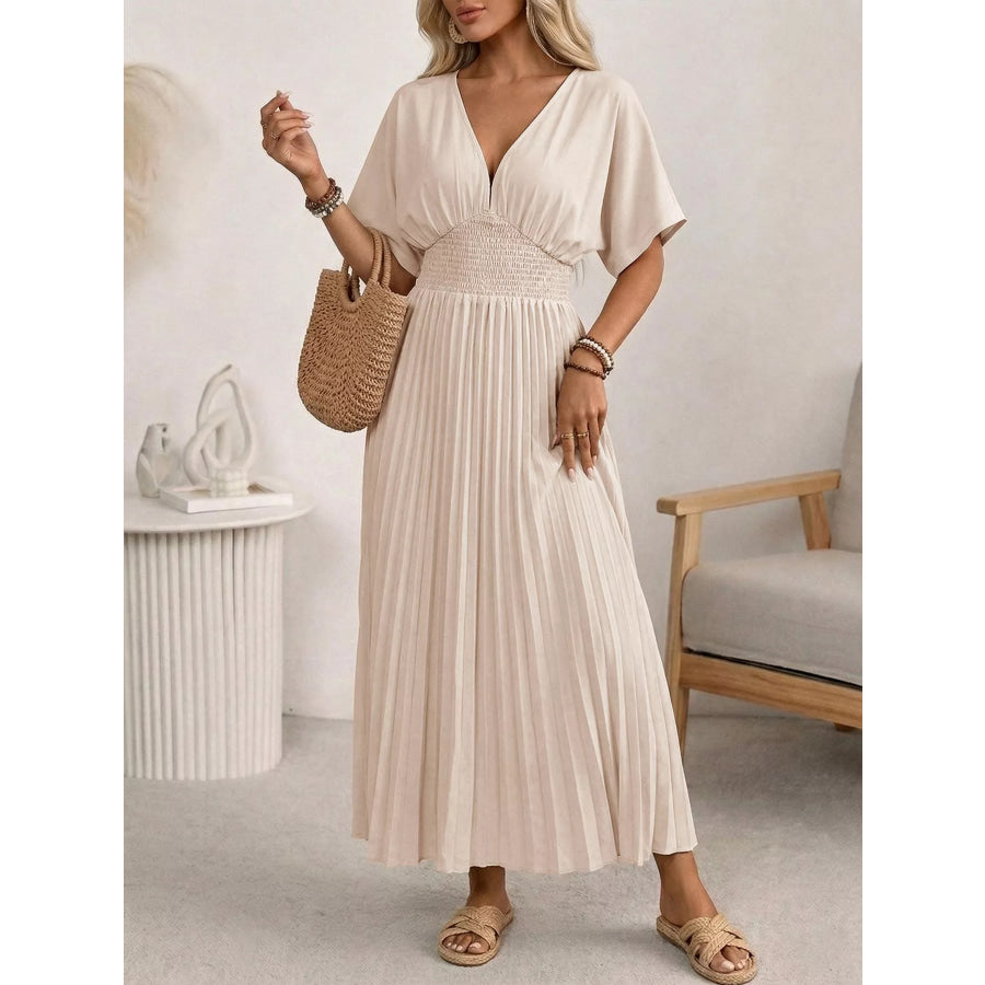 Pleated V-Neck Midi Dress Apparel and Accessories