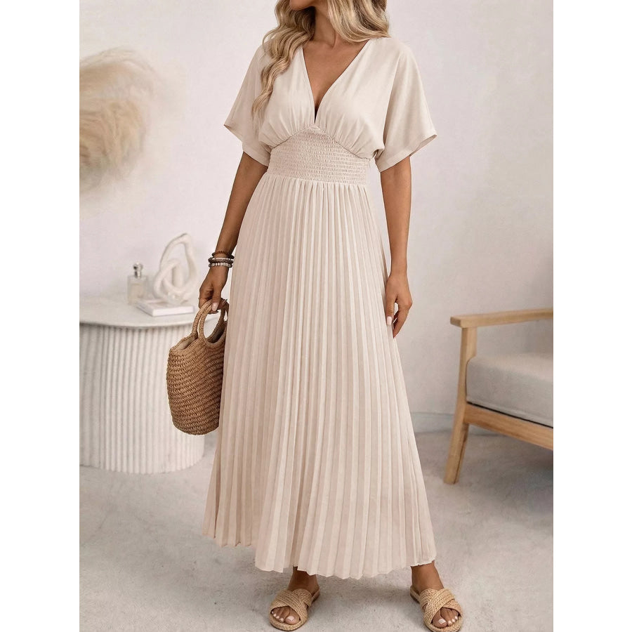Pleated V-Neck Midi Dress Apparel and Accessories
