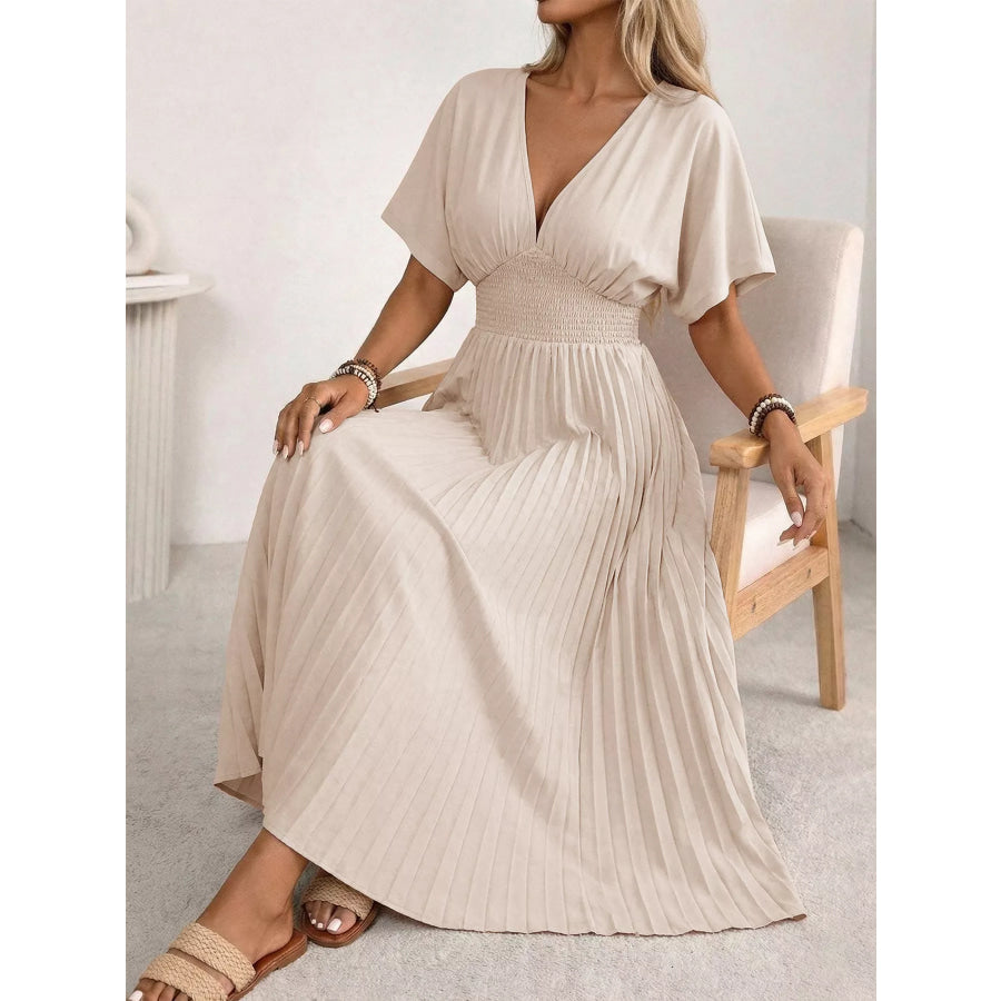 Pleated V-Neck Midi Dress Apparel and Accessories