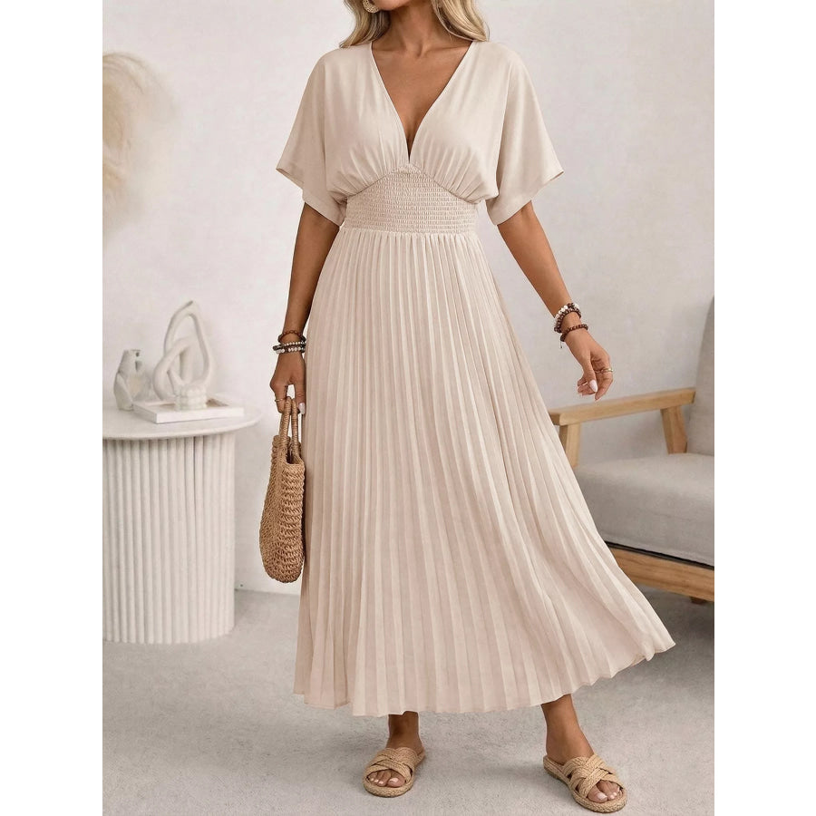 Pleated V-Neck Midi Dress Apricot / S Apparel and Accessories