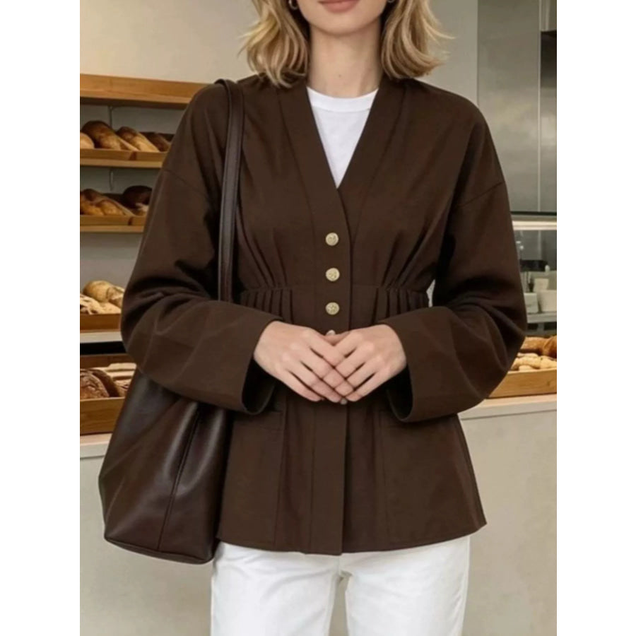 Pleated Waist Blouse with Button Detail Apparel and Accessories