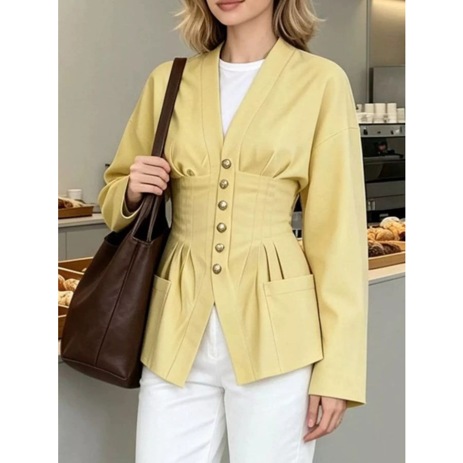 Pleated Waist Blouse with Button Detail Apparel and Accessories