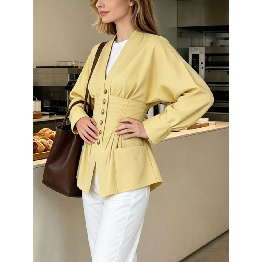 Pleated Waist Blouse with Button Detail Apparel and Accessories