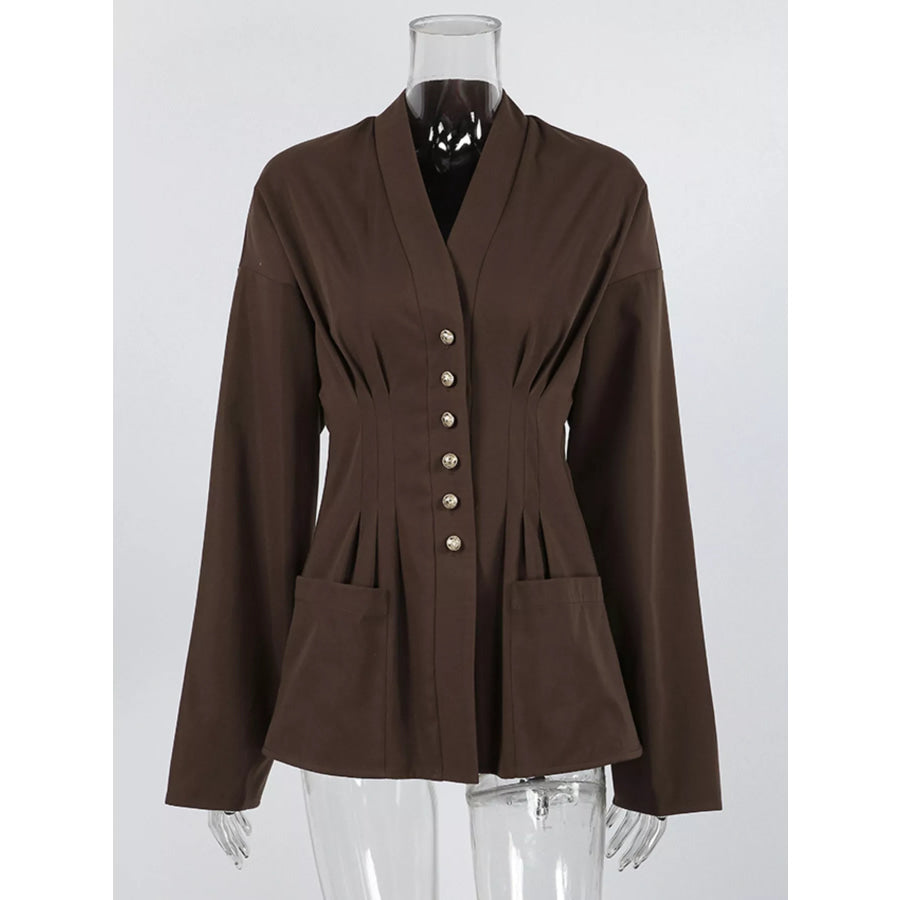 Pleated Waist Blouse with Button Detail Apparel and Accessories